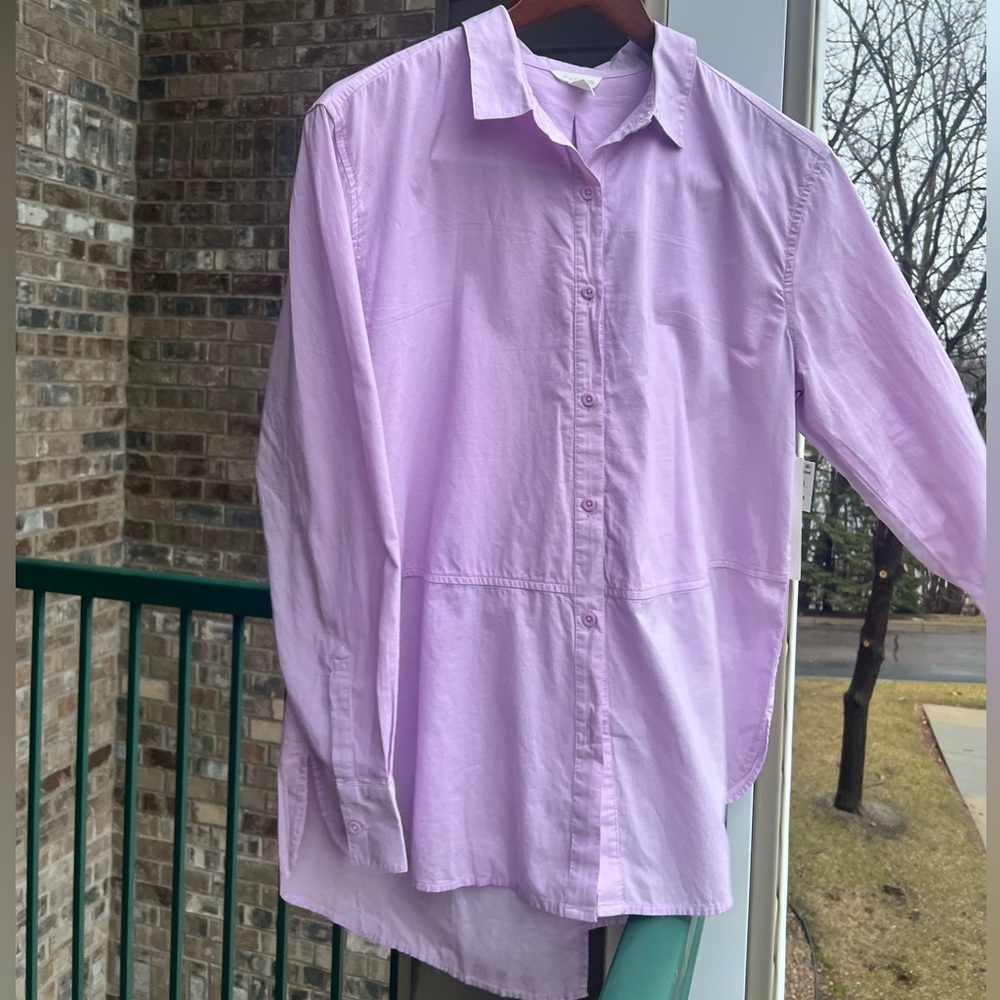 🆕 Solid Lilac Shirt 100% Cotton LS Buttons Up Back Slit Tunic M - Picture 7 of 11
